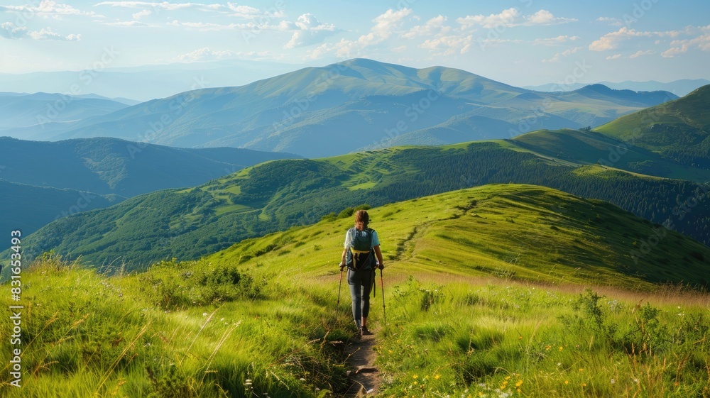 Person hiking on mountain trail under clear blue sky Person hiking on mountain trail under clear blue sky