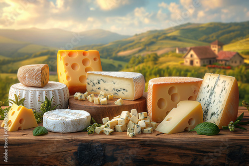 Vector illustration. Different types of cheese on a wood table, close up view, with high detail, like a professional photograph.