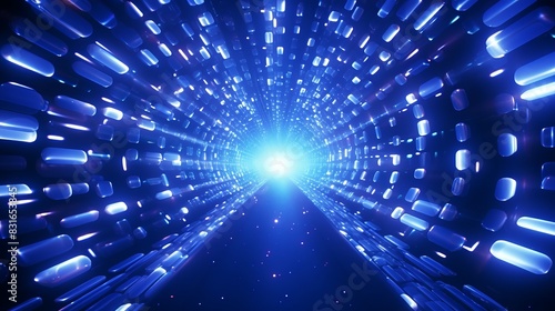 Futuristic blue light tunnel with digital elements, representing technology, innovation, and fast data transfer.