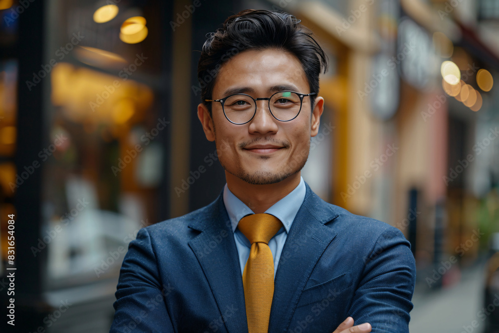 Handsome Young Asian Man in a Blue Suit and Yellow Tie Standing Confidently on a City Street Handsome Young Asian Man in a Blue Suit and Yellow Tie Standing Confidently on a City Street