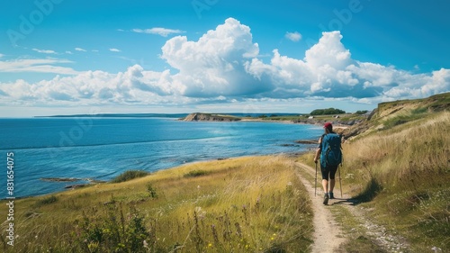 Person hiking coastal trail under bright blue sky with scattered clouds