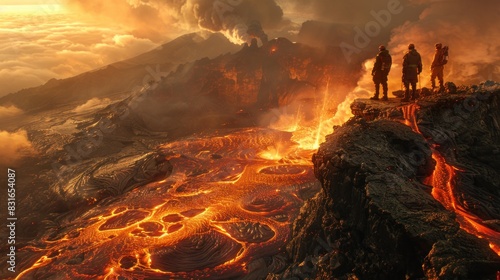 From their perch atop a rocky outcrop, the explorers marvel at the sight of molten lava bubbling and churning below, a reminder of the volcano's restless soul.