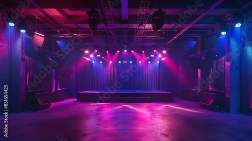 Empty nightclub stage with vibrant lighting, ready for performance or event. Colorful blue and pink lights illuminate the spacious interior. photo