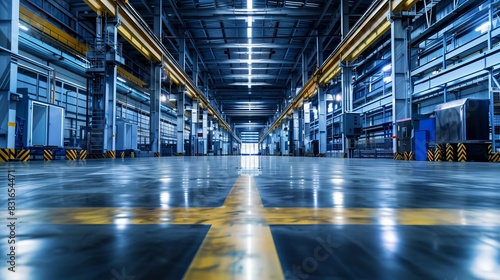 Spacious industrial warehouse interior with bright lighting and reflective flooring, showcasing a clean, organized, modern facility.