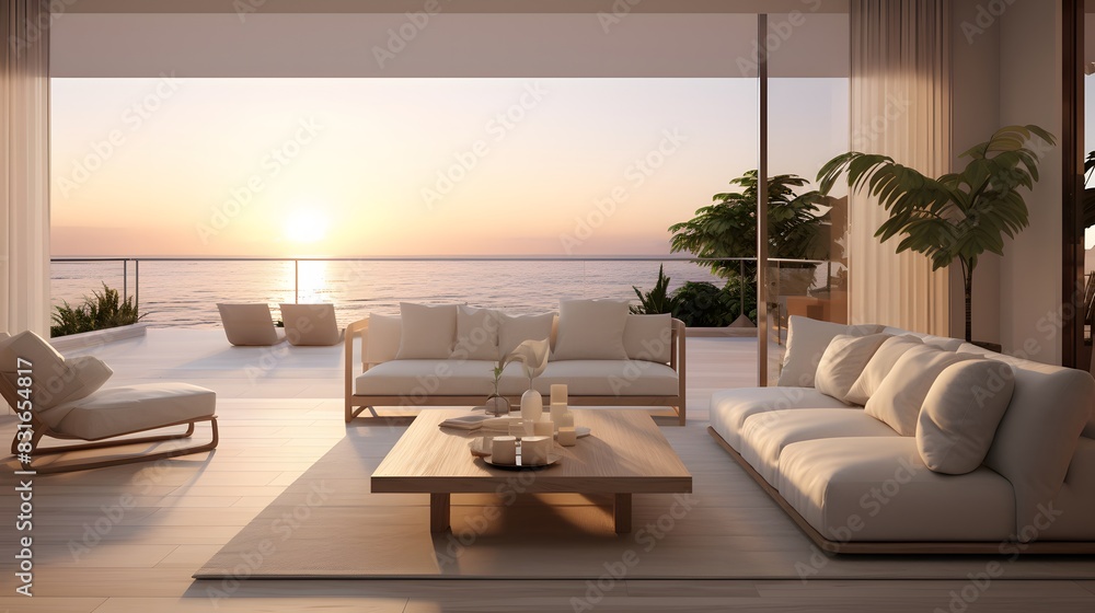 A modern living room with a large, decorated wall featuring a serene beach sunset view, well-lit with natural light and minimalist furniture, captured by an HD camera, realistic look.