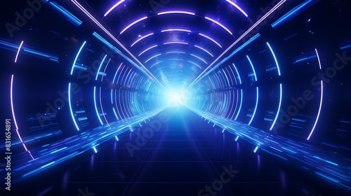 Futuristic neon light tunnel with glowing blue and purple lines creating a sense of motion and depth in a dark, sci-fi environment.