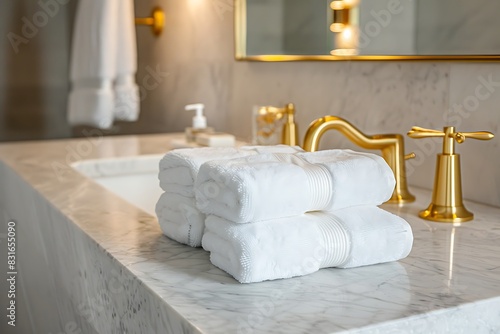 Modern guest bathroom marble tiles  gold fixtures  fluffy towels.