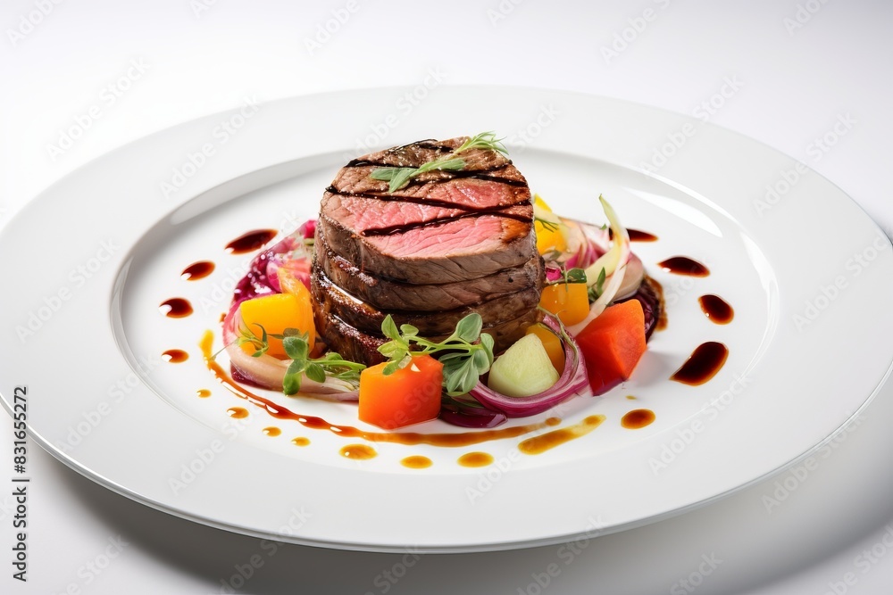 Gourmet steak dish with grilled vegetable and decorative sauce on a white plate, served in a fine dining restaurant. Gourmet steak dish with grilled vegetable and decorative sauce on a white plate, served in a fine dining restaurant.