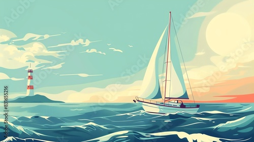 Sailing adventure flat design front view nautical cartoon drawing Monochromatic color scheme
