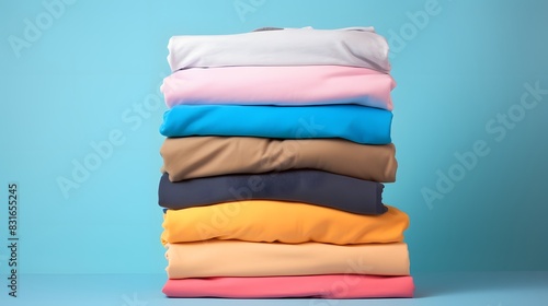 A neatly folded stack of colorful t-shirts on a pastel blue background, captured in HD