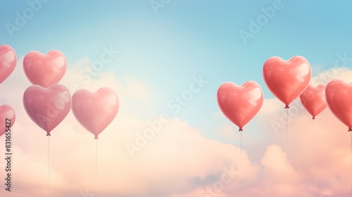 Heart-shaped balloons floating in a dreamy sky with soft clouds, symbolizing love and romance. Perfect for Valentine's Day theme.