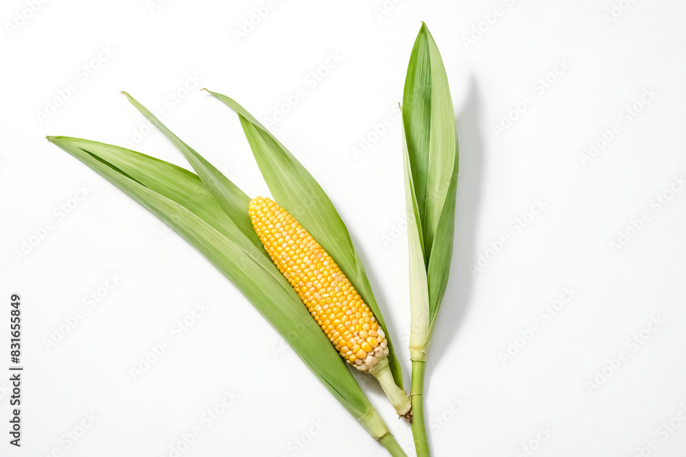 Fresh corn cob with leaves on white background Fresh corn cob with leaves on white background
