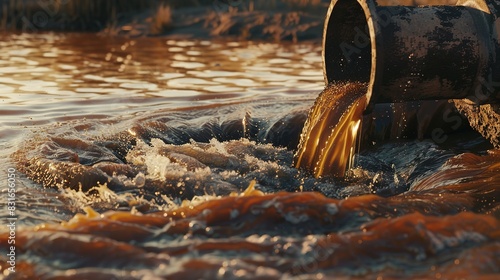 Close up of water flowing out from an industrial pipe into the river photo