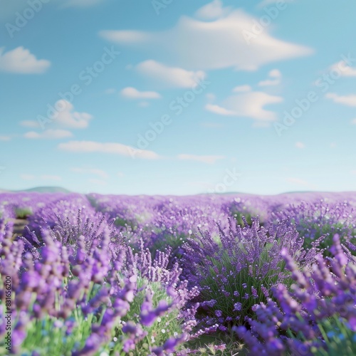 A serene and super realistic image of a lavender field in full bloom with a clear blue sky, perfect lighting,