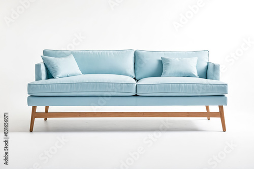 Light Blue Sofa with Wooden Legs Isolated on White Background photo