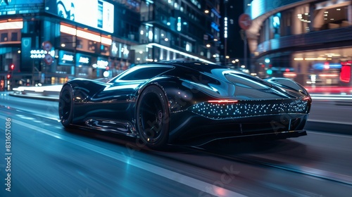 Sleek Expensive Supercar Speeding Through Urban Nightscape, Emphasizing Futuristic Design and High Velocity