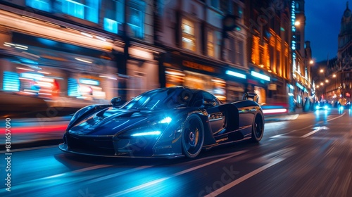 Sleek Futuristic Supercar Speeding Through Urban Night Streets © Sunshine