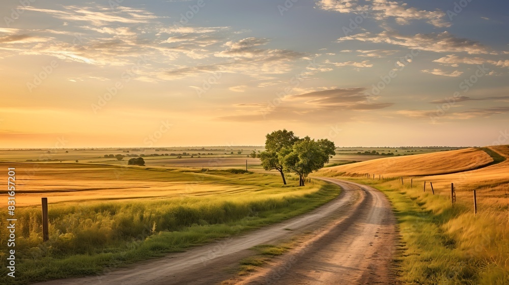 Scenic rural landscape with a winding dirt road, lush green fields, and a tranquil sunset sky, capturing the beauty of countryside serenity.