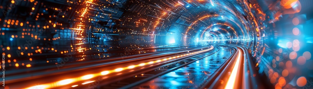 Illuminated Futuristic Tunnel of Technology - Vibrant Blue and Orange Lights Conveying Innovation and Speed