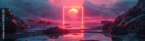 Neon Portal of Dawn - Abstract Futuristic Wallpaper with a Mystical Sunrise in a Reflective Landscape