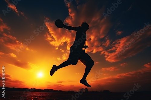 Wallpaper Mural Silhouette of person jumping with a ball against a vibrant sunset sky, showcasing athleticism and dynamic energy in beautiful nature. Torontodigital.ca