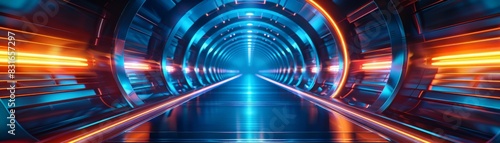 Illuminated Futuristic Tunnel of Technology - Blue and Orange Lights Display for Transportation Concepts