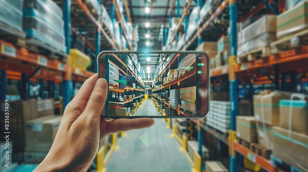 Naklejka premium Smart warehouse management system using augmented reality technology to identify package picking and delivery . Future concept of supply chain and logistic business