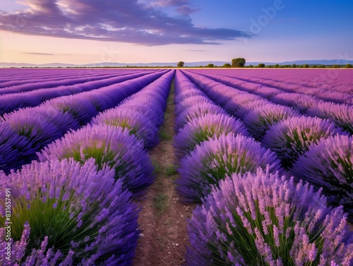 Stunning lavender field in full bloom under a vibrant sunset sky  featuring rows of fragrant purple flowers stretching into the horizon.