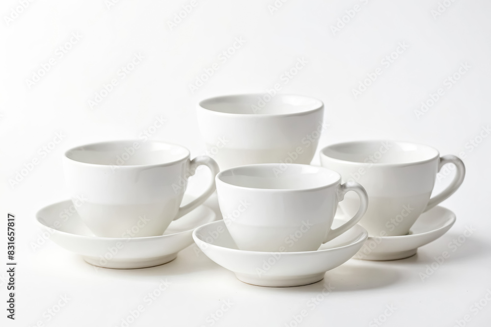 White Coffee Cups and Saucers on a White Background White Coffee Cups and Saucers on a White Background