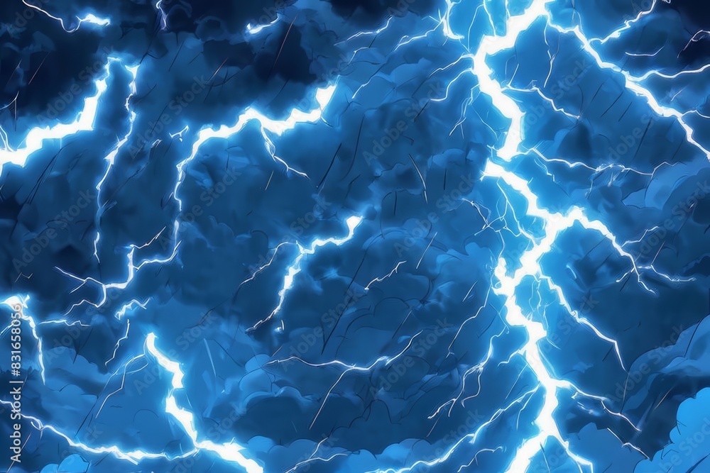 Close up of blue clouds with lightning strikes in anime art
