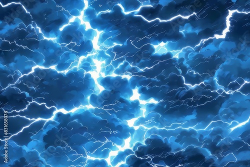 Anime style illustration of blue clouds with lightning strikes