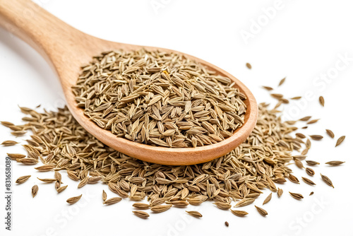 Cumin seeds in wooden spoon on white background