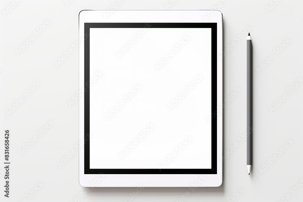 Top view of a blank digital tablet with a stylus on a white background, perfect for presentations, mockups, or design templates. Top view of a blank digital tablet with a stylus on a white background, perfect for presentations, mockups, or design templates.