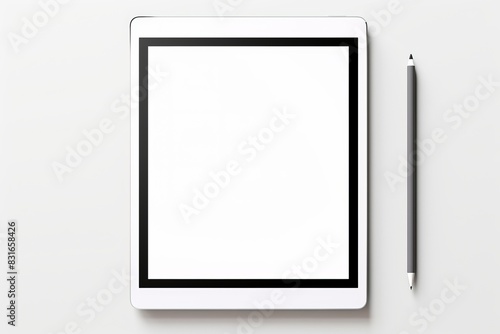 Top view of a blank digital tablet with a stylus on a white background, perfect for presentations, mockups, or design templates. photo