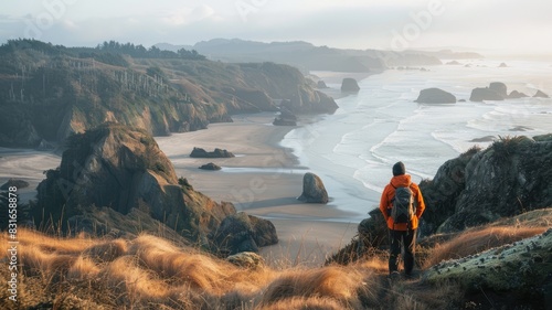 Person overlooks scenic coastal landscape with rocks and waves © Artyom