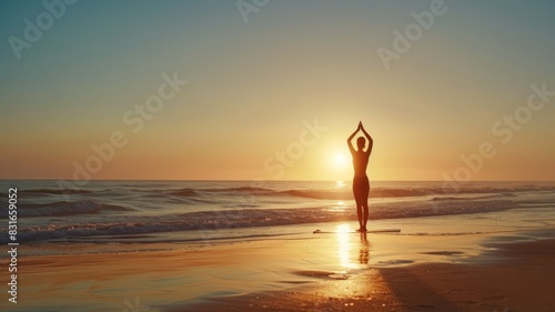 Woman doing yoga at sunrise on peaceful beach © Artyom