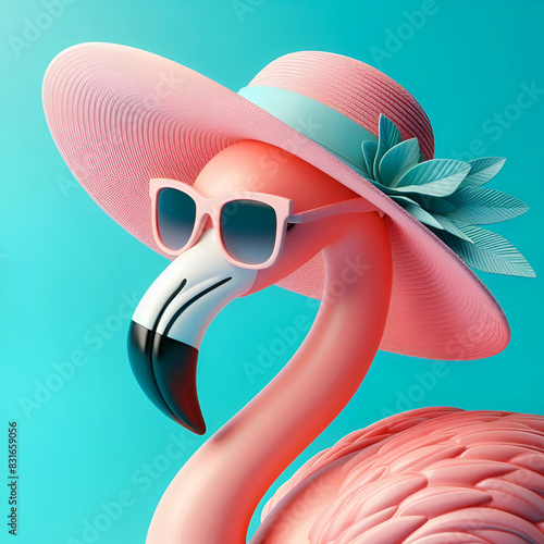 Flamenco 3D con lentes y sombrero sobre un fondo de color azul