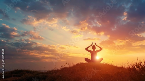 Woman practicing yoga at sunset on hilltop, enveloped in natural beauty and tranquility