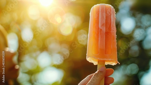 Hand holding orange popsicle in bright sunlight with out-of-focus background