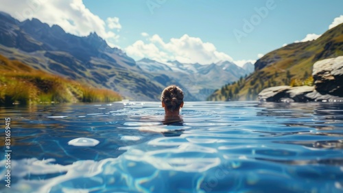 Person swimming in clear mountain lake with scenic background photo