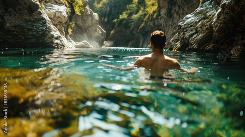 Man swims in clear  serene mountain stream under bright sunlight