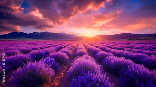 Vibrant lavender field at sunrise with dramatic clouds and colorful sky, capturing the essence of natural beauty and tranquility in Provence, France.