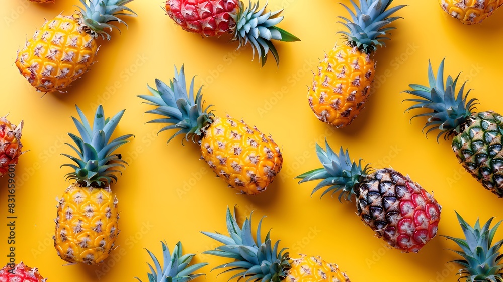 Fototapeta premium Pattern with bright pineapples on yellow background. 