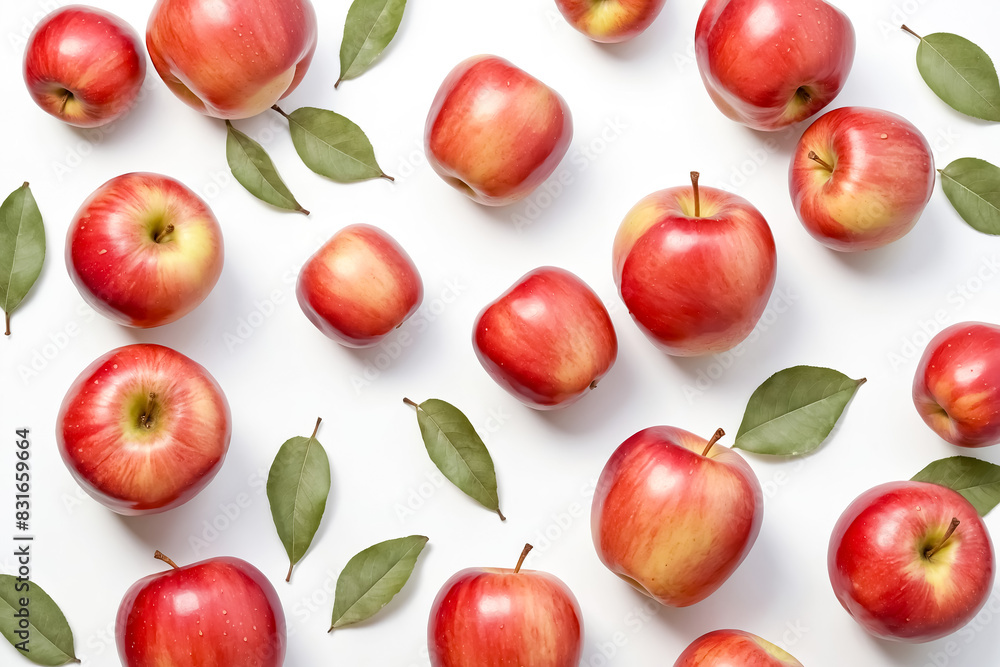 Red Apples with Green Leaves on White Background Red Apples with Green Leaves on White Background