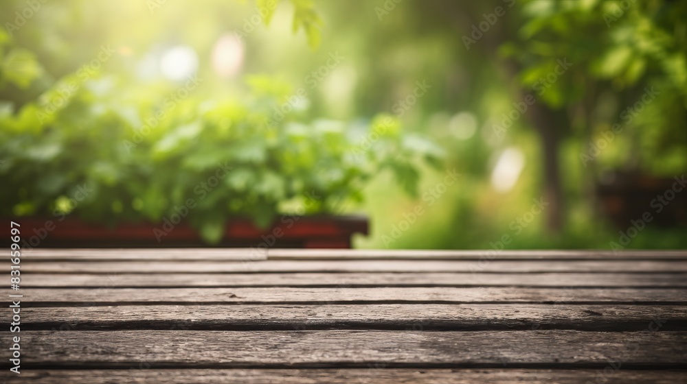 Wooden table in a sunny garden with a green blurred background, perfect for outdoor dining, nature relaxation, and summer scenes. Wooden table in a sunny garden with a green blurred background, perfect for outdoor dining, nature relaxation, and summer scenes.
