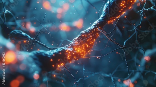 Extreme closeup of neurotransmitters traveling between neurons. Generative Ai