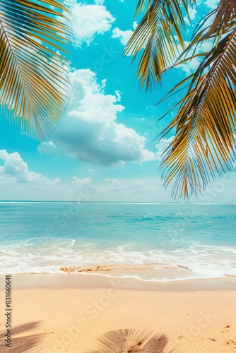 Summer background with frame  nature of tropical golden beach with rays of sun light and leaf palm. Golden sand beach close-up  sea water  blue sky  white clouds. Copy space  summer vacation concept.