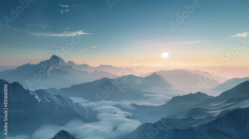majestic mountain range at sunrise with misty valleys and a clear blue sky, super realistic,