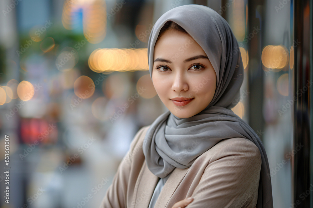 Elegant Young Asian Woman in a Grey Hijab Smiling Confidently on a Busy City Street Elegant Young Asian Woman in a Grey Hijab Smiling Confidently on a Busy City Street
