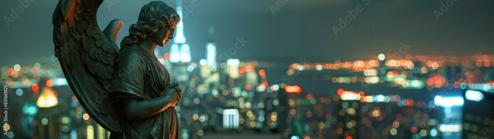 Obraz premium Angels on rooftops overlooking city lights at night from closeup perspective